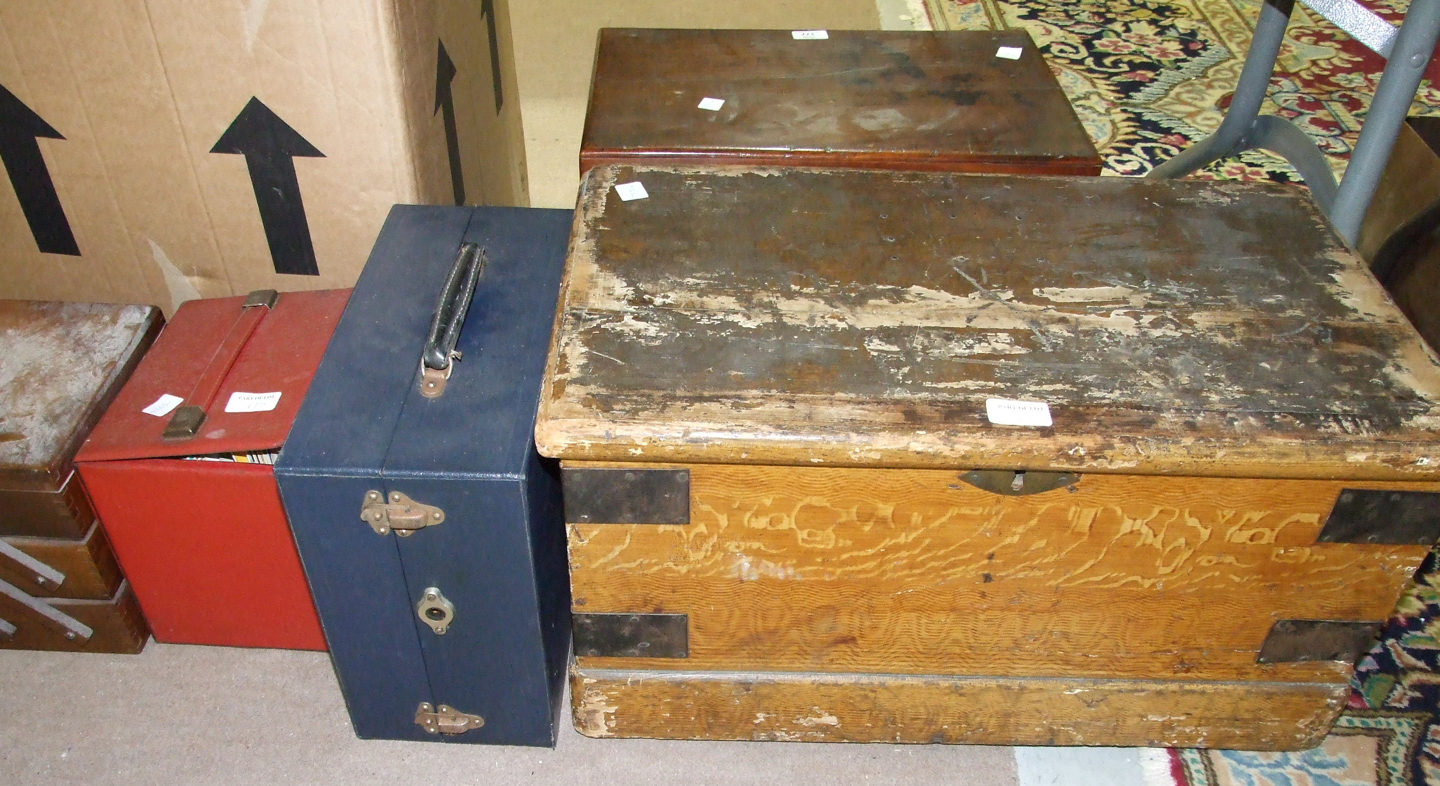 A 19th century teak rectangular box with hinged lid, 48cm wide, a grained pine and metal-bound - Image 3 of 3