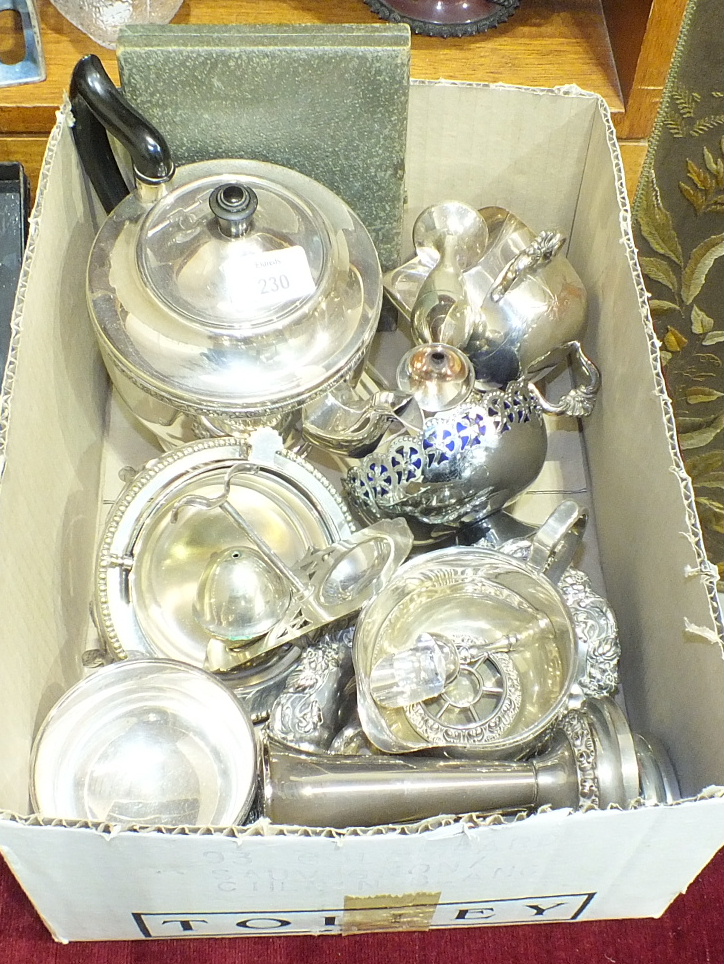 A Viners of Sheffield three-piece plated tea service, other plated ware and a pair of silver sugar