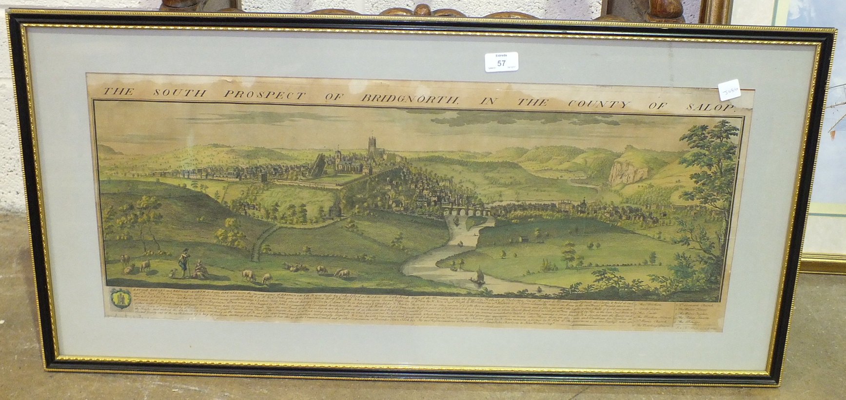 A framed coloured engraving, 'The South Prospect of Bridgnorth in the County of Salop', 31 x 78cm,