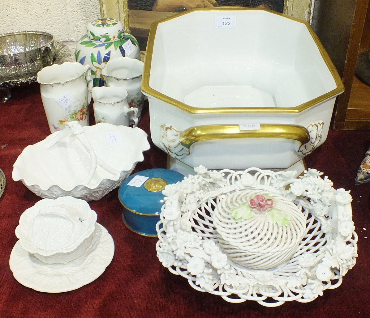 A large Continental white and gilt ceramic planter, 42cm long, various Royal Worcester 'Evesham'