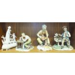 A Capo-di-monte-style figure depicting a clock maker, 20cm high, two other similar figures and a