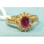 A ruby and cz cluster ring with 9ct gold mount, size L, 2g.