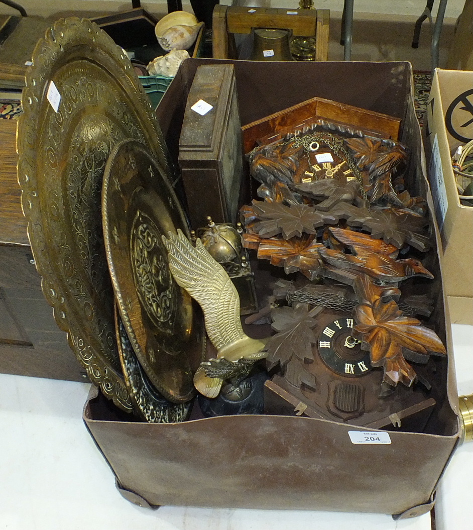 Two wooden cuckoo clocks, other clocks and miscellaneous items.