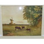 Cattermole Cathrey (Late-19th century), 'Cattle in a landscape with windmill', signed watercolour,