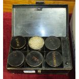 A Japanned metal spice box containing six canisters named 'Allspice', 'Mace', 'Nutmeg', '