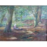 Thomas William Morley (1859-1925) A WOMAN WEARING A WHITE BONNET, WITH A DOG, IN A WOODLAND GLADE