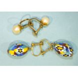 A pair of cultured pearl earrings with 14k gold screw fittings and a pair of Murano glass bead