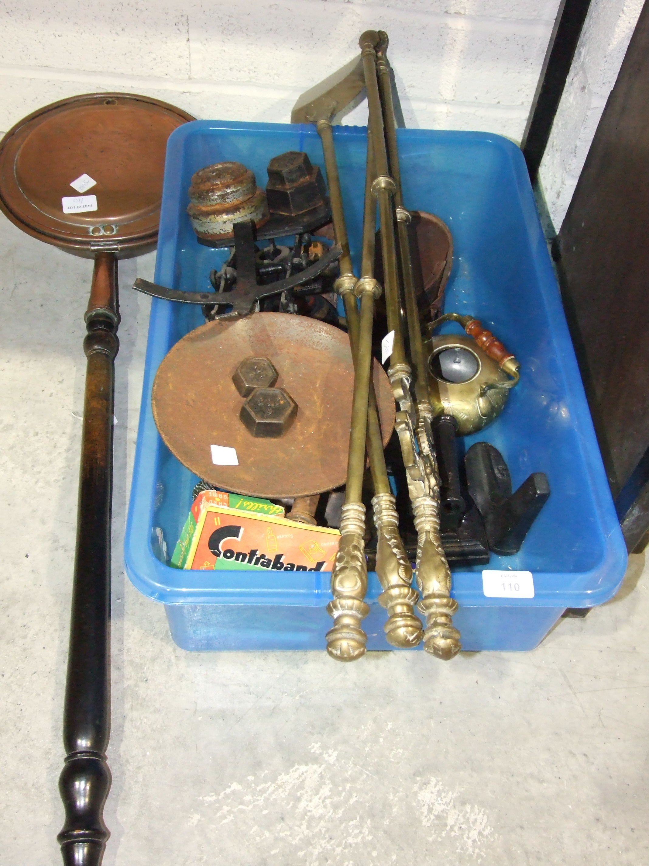 A Victorian brass smoothing iron, a matching sarcophagus-shaped tea caddy and other items. - Image 2 of 2