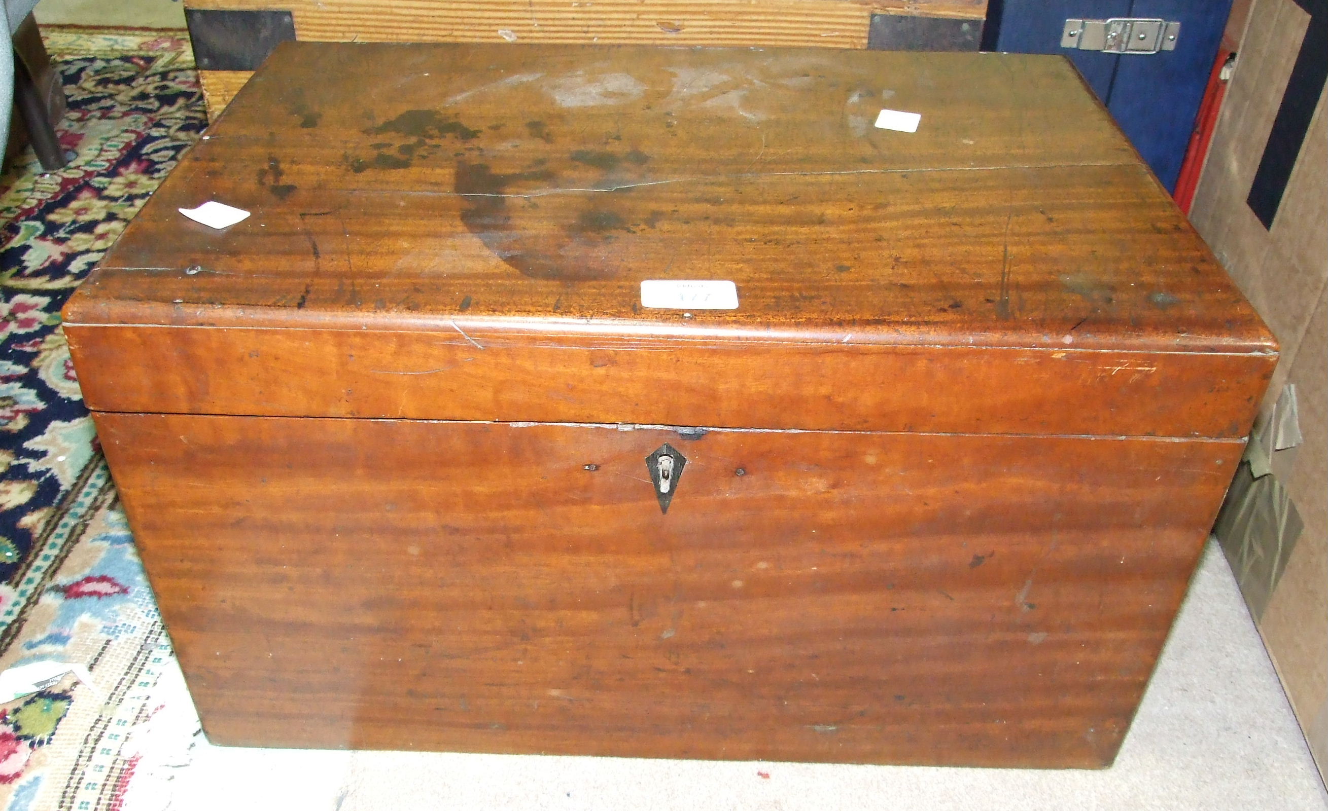A 19th century teak rectangular box with hinged lid, 48cm wide, a grained pine and metal-bound - Image 2 of 3