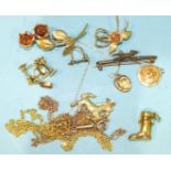 A small 9ct gold rose spray brooch, 3.3g, a 15ct gold bird brooch (af), and other yellow metal