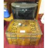 A Victorian inlaid walnut work box with fitted interior, 28cm wide and six ladies vintage hats in