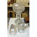A cut-glass table lamp and shade, chip to rim of shade, 42cm high, three cut-glass bell-shaped
