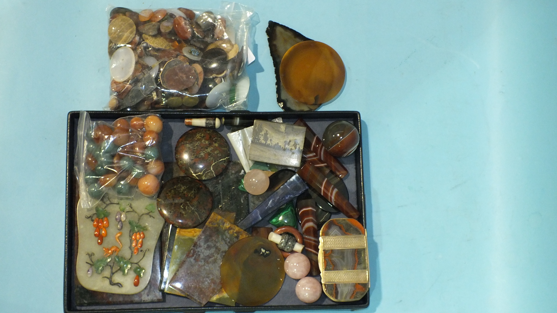 A quantity of agate and other hardstone clasps, plaques, orbs, beads, etc., including a jade - Image 3 of 4