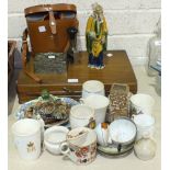 A silver-mounted walking cane, various modern horse brasses, ceramics and miscellaneous items.