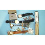A small Art Nouveau brooch, a string of Baroque pearls, a gold-topped stick pin, various watches and