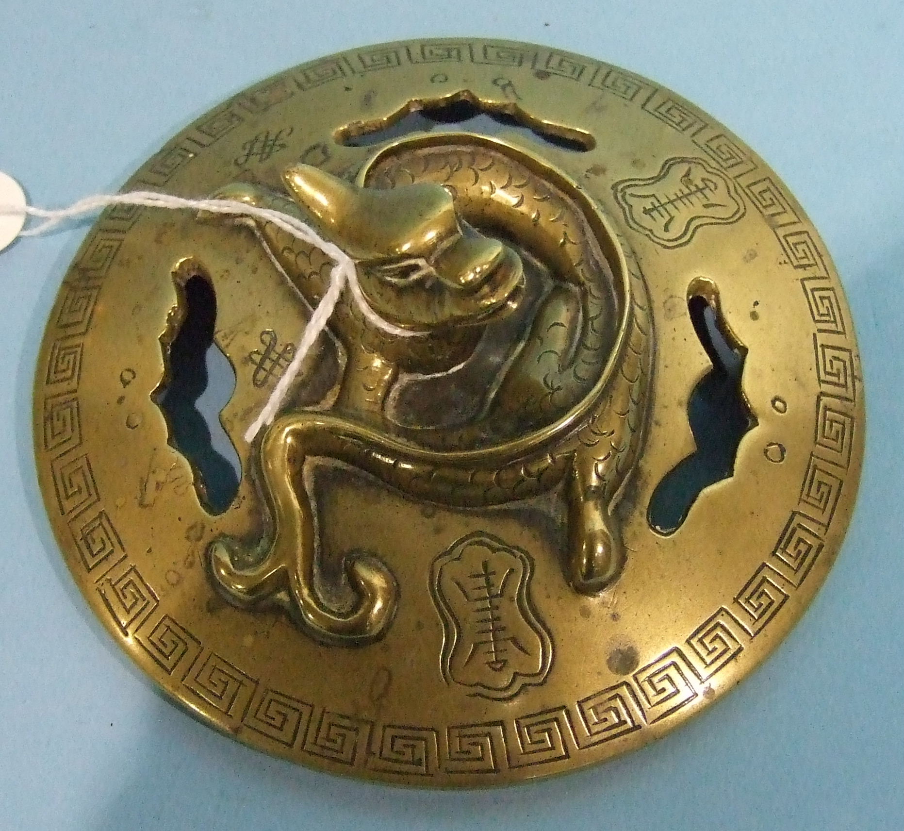 A 19th century Chinese globular brass censer and cover engraved with figures on balconies and in - Image 2 of 2