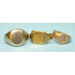 A 9ct gold signet ring, size Q½ and two others, I and S½, (one a/f), 9.6g, (3).