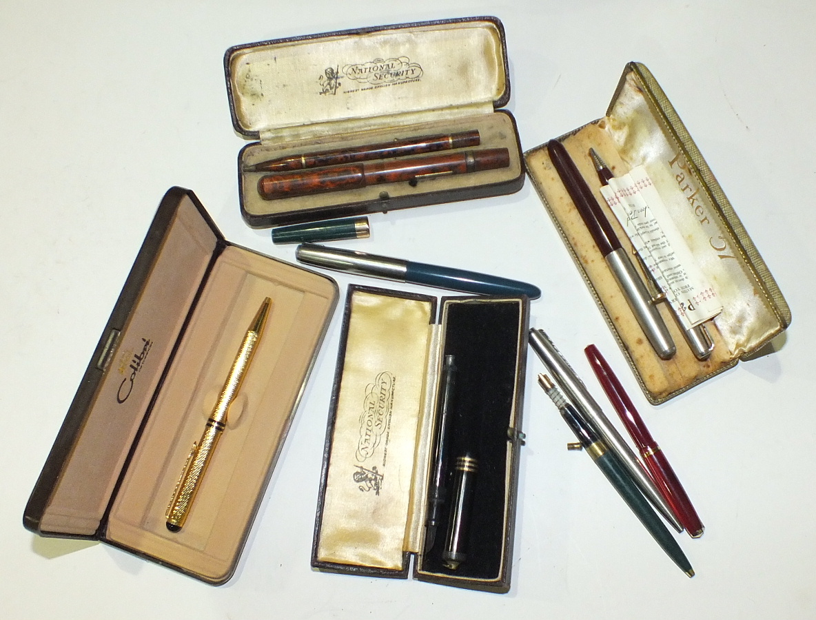 A boxed "Parker 51" pen/pencil set, a boxed "National Security" pen/pencil set and other pens, etc.