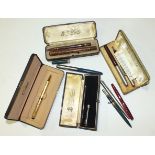 A boxed "Parker 51" pen/pencil set, a boxed "National Security" pen/pencil set and other pens, etc.