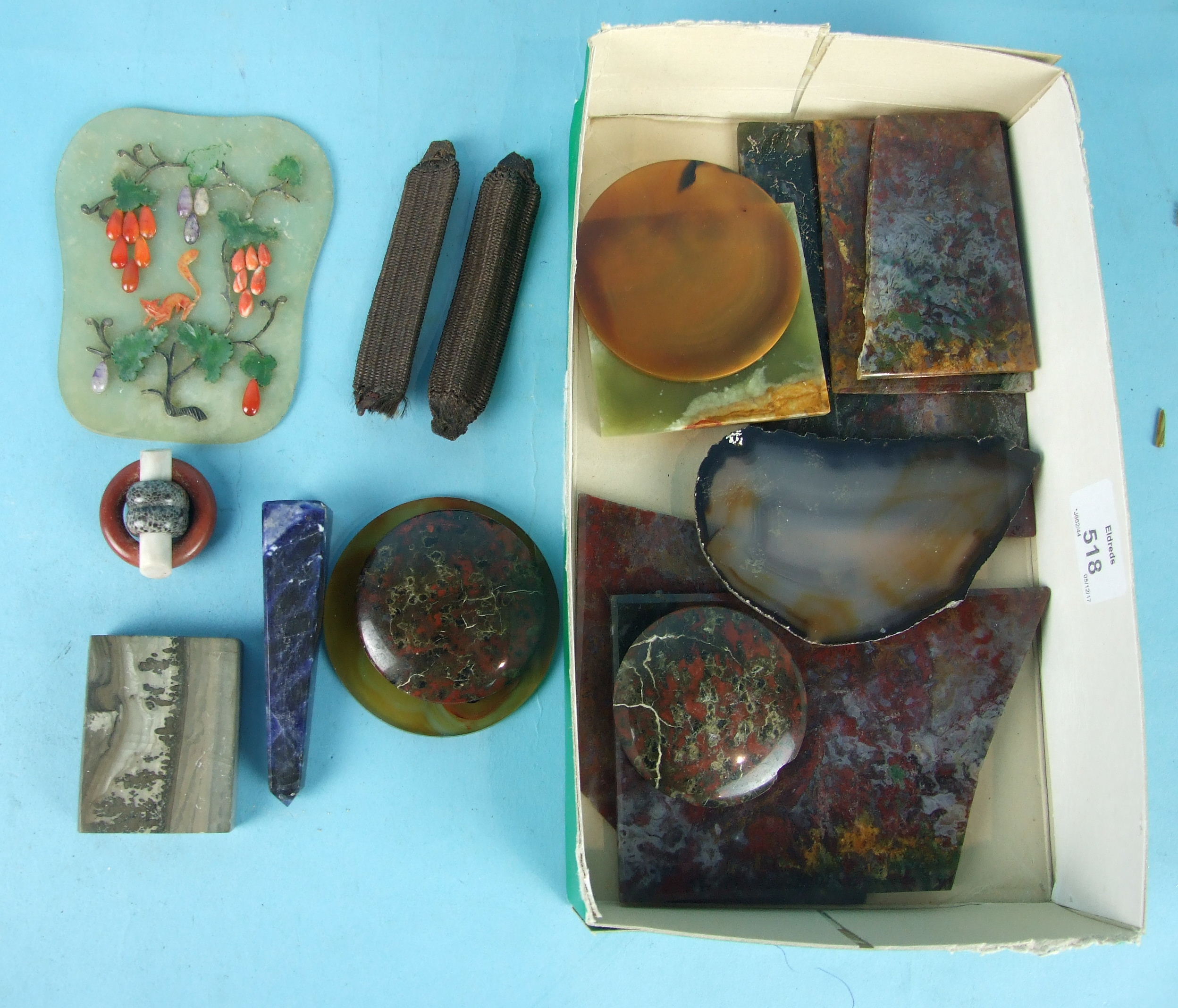 A quantity of agate and other hardstone clasps, plaques, orbs, beads, etc., including a jade