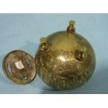 A 19th century Chinese globular brass censer and cover engraved with figures on balconies and in