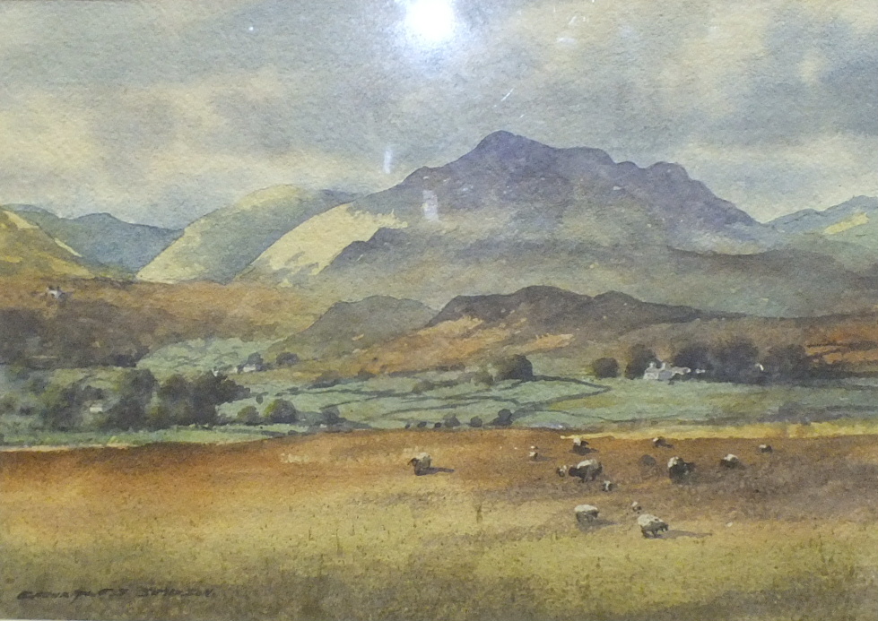 E Charles Simpson, 'Sheep in a landscape', signed watercolour, 28 x 39.5cm.