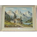 F Hoos (1884-1966), 'Alpine landscape with chalet beside lake', a signed oil on canvas, 60 x 80cm