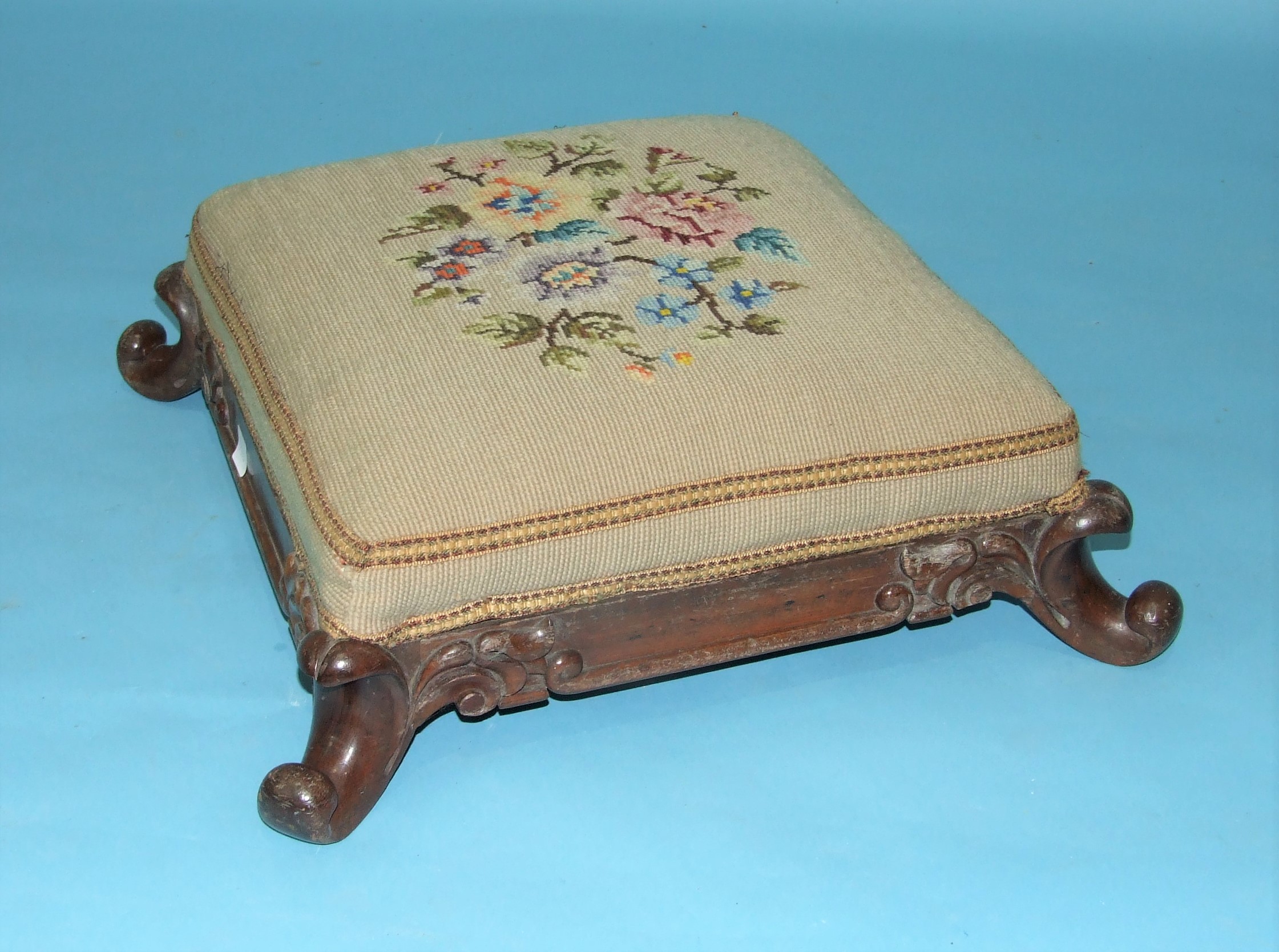 A 19th century rosewood frame foot stool of square form, 42cm.