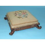 A 19th century rosewood frame foot stool of square form, 42cm.