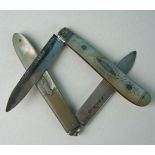 A Victorian silver and mother-of-pearl folding fruit knife, Birmingham 1847 and another, plainer,