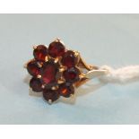 A garnet cluster ring, claw set nine garnets in 9ct gold mount, size L, 3.3g.