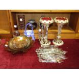 A pair of white and gold overlay cranberry glass lustres with cut clear glass drops, (1 damaged),