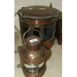 A copper cylinder shape starboard lamp converted to electricity, 35cm diameter and a combined port/