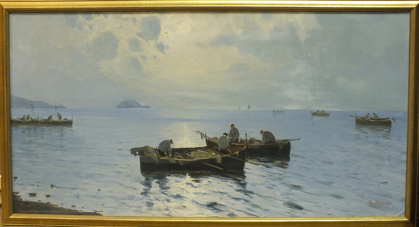 M Maggi? 'Fishing scene with boats, looking towards Looe Island with Rame Head in the background.