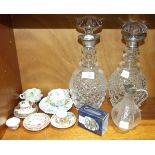 Two silver-mounted cut-glass decanters, (a/f), miniature cups, saucers and other Continental