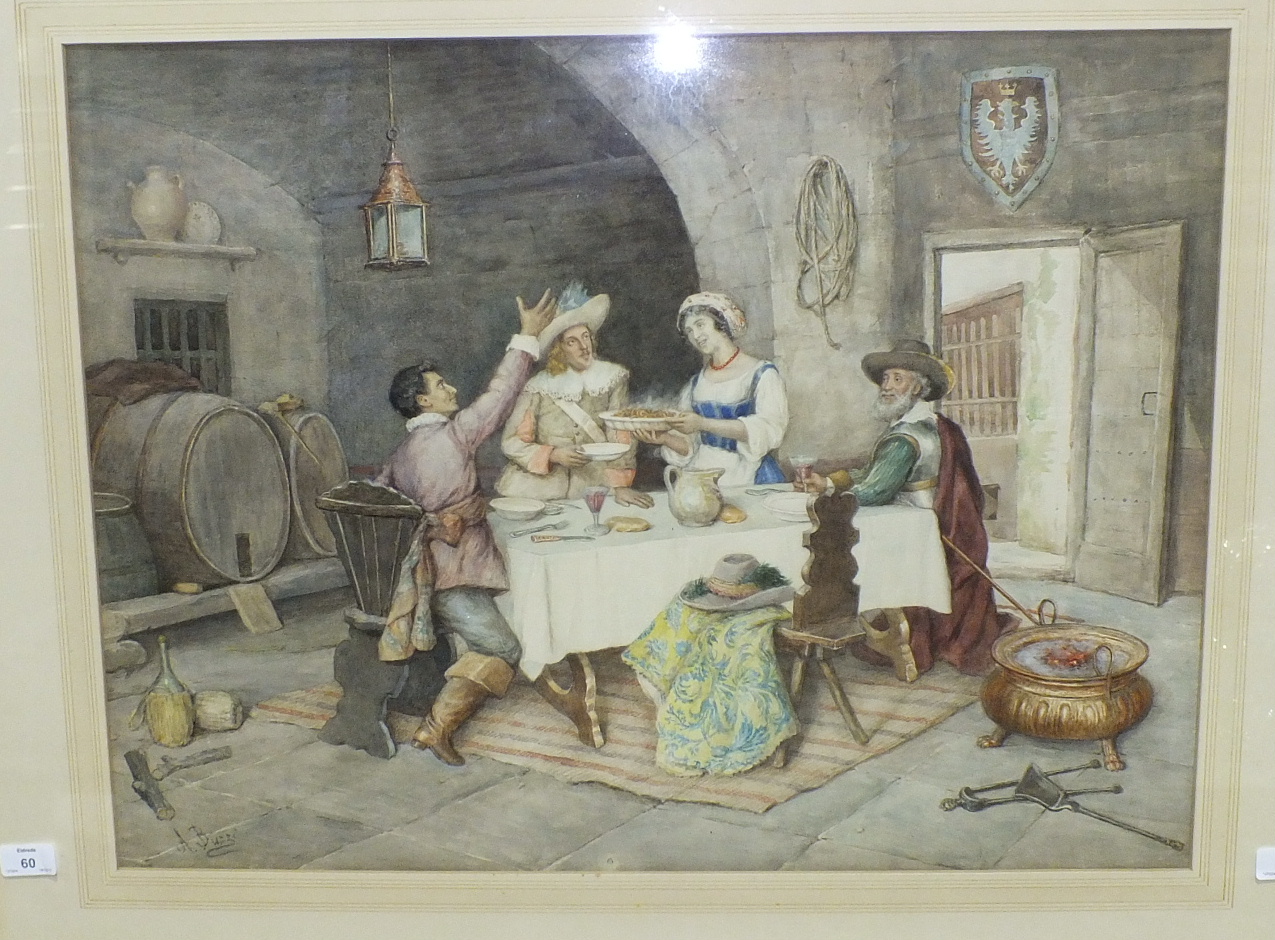 A Buzzi (19th century Italian), 'Interior scene figures taking food at a table', signed watercolour,