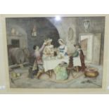A Buzzi (19th century Italian), 'Interior scene figures taking food at a table', signed watercolour,