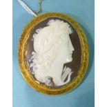 A shell cameo depicting a Greek muse within a Greek key pattern-decorated unmarked yellow metal