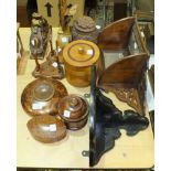 A stained oak clock bracket, a hardwood mirrored corner shelf and other wooden items.