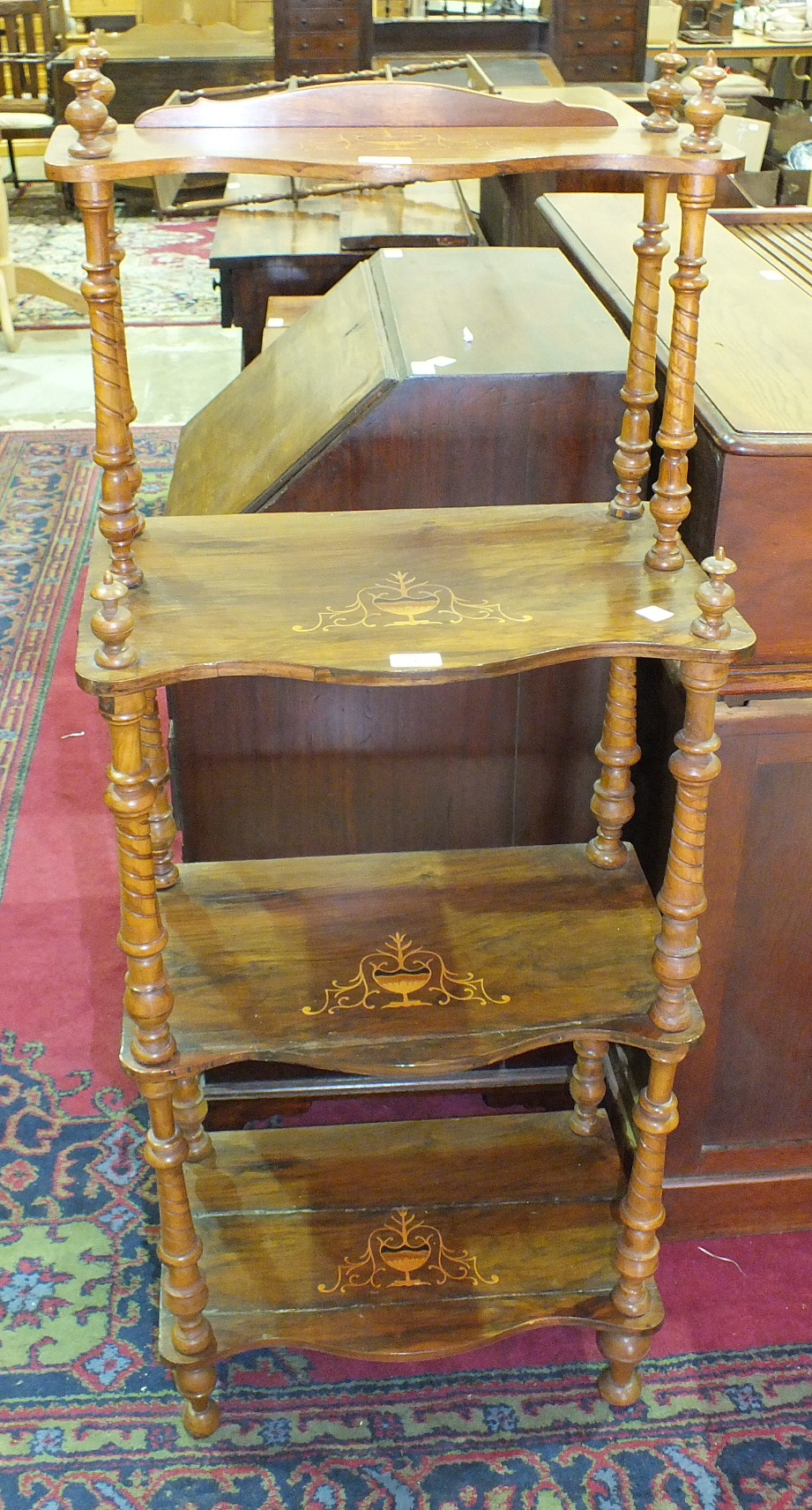 A late-19th century inlaid walnut four-tier watnot, each tier with turned supports, 53cm wide, 132cm - Image 2 of 2