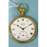 A Vertex Revue open face keyless pocket watch with gold plated case.