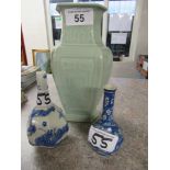 CHINESE GREEN VASE & 2 B/W VASES (AF)