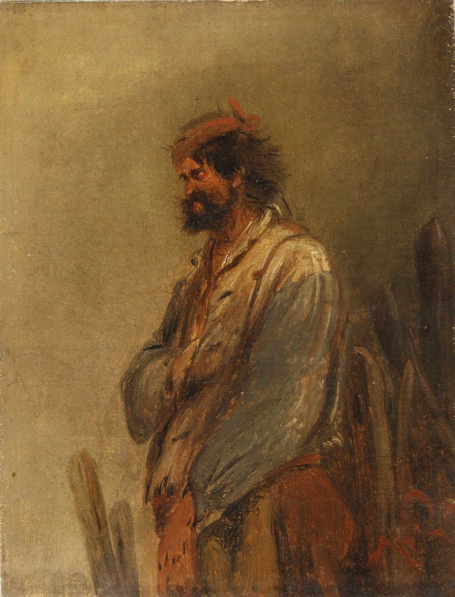 BUSCH, WILHELM (Attrib.: 1832-1908): Porträt eines Krieger, Öl/Lwd. auf Karton aufgezogen, 32x17,5