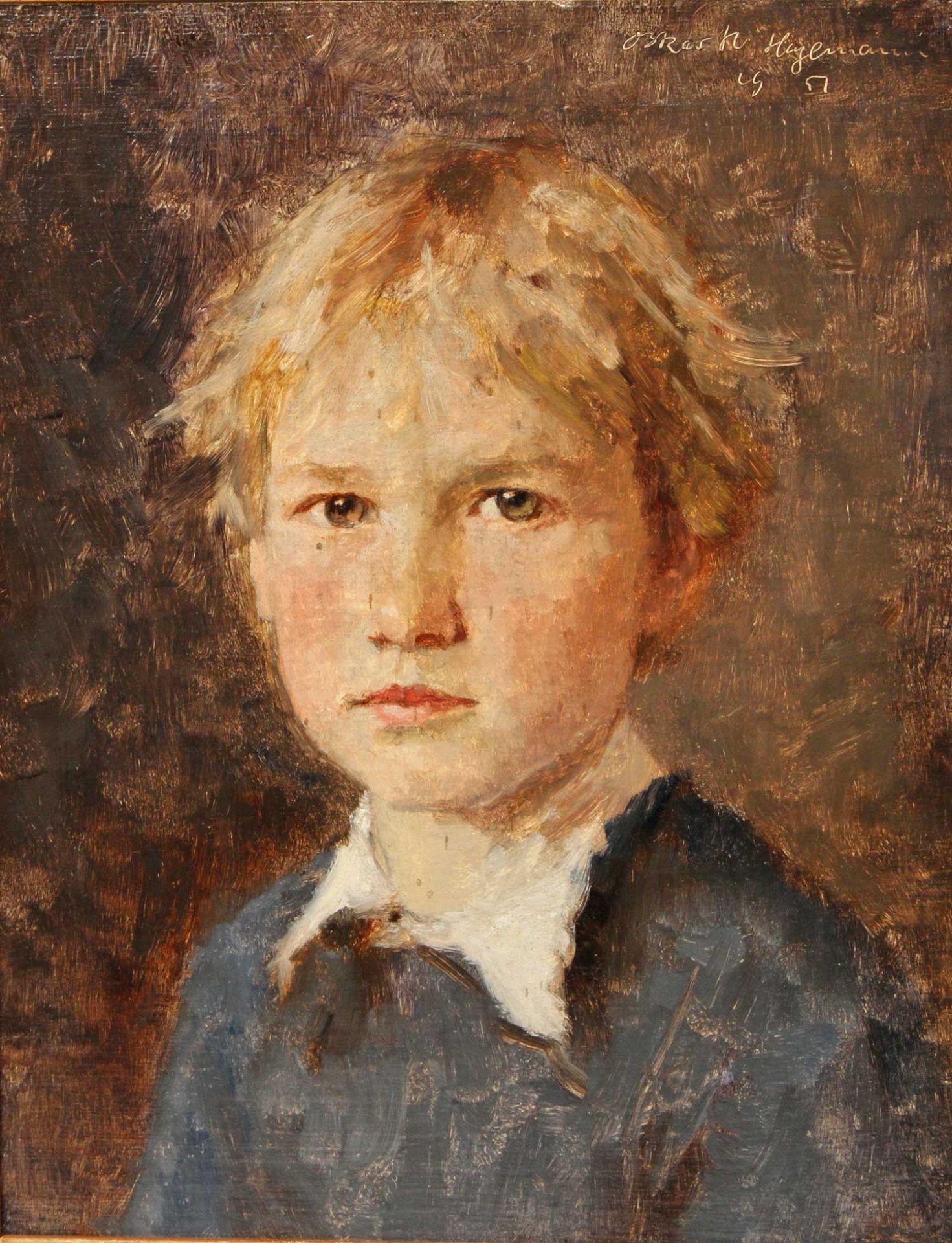 HAGEMANN, OSKAR H. (1888-1985): Kinderporträt eines Jungen mit blauem Pullover, 1957 (?), Öl/