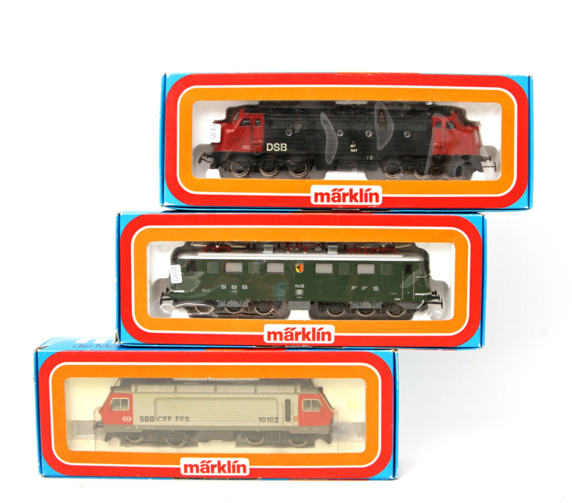 MÄRKLIN Diesellok 3067, schweizer E-Lok 3323 und E-Lok 3350, Spur H0, schwarz mit roten