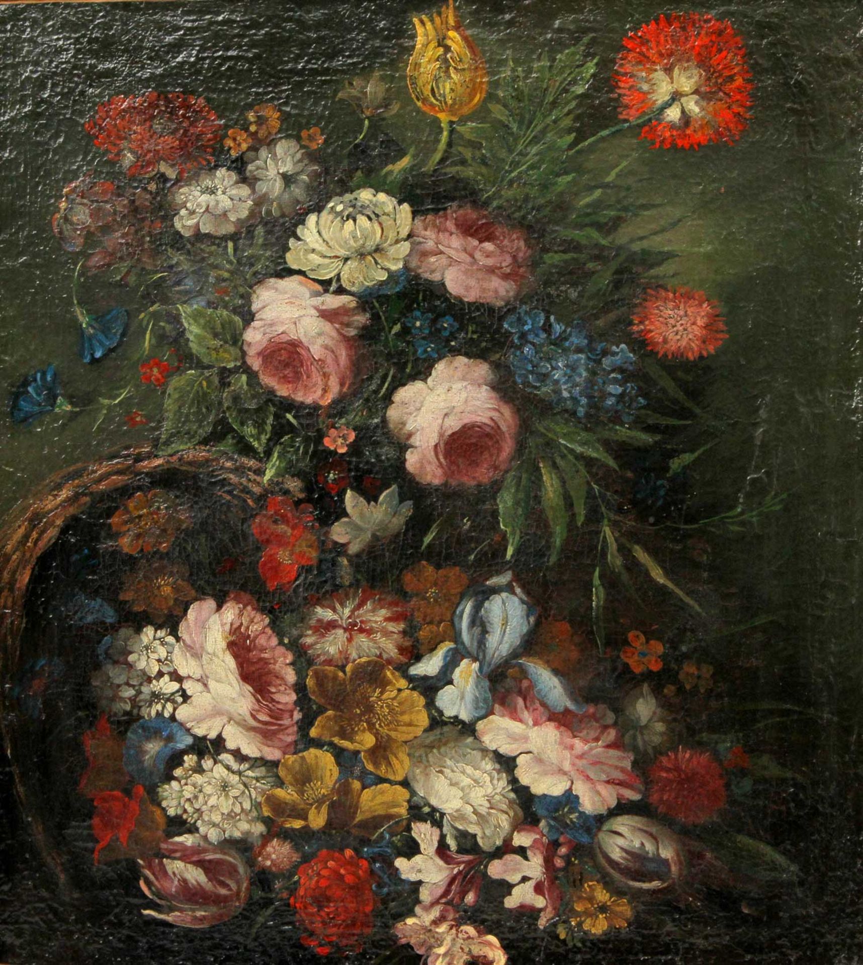 HANNESCH, G. (Maler des 17./18. Jh.) Stillleben mit Blumenbouquet und Weidenkorb, unsign., verso