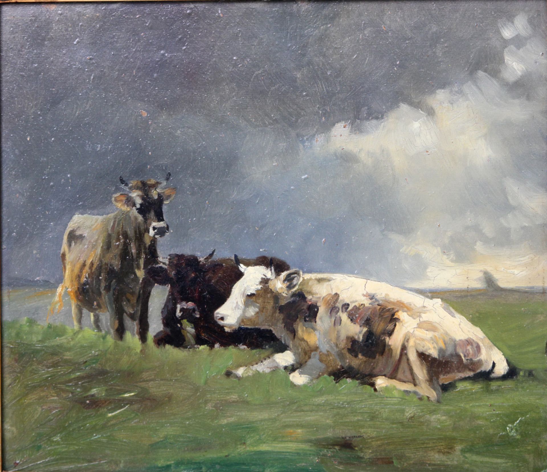 MALER DES 19./20. JH. "Drei Kühe auf der Weide in weiter Landschaft", unsign., Öl/Karton, 32,5/38