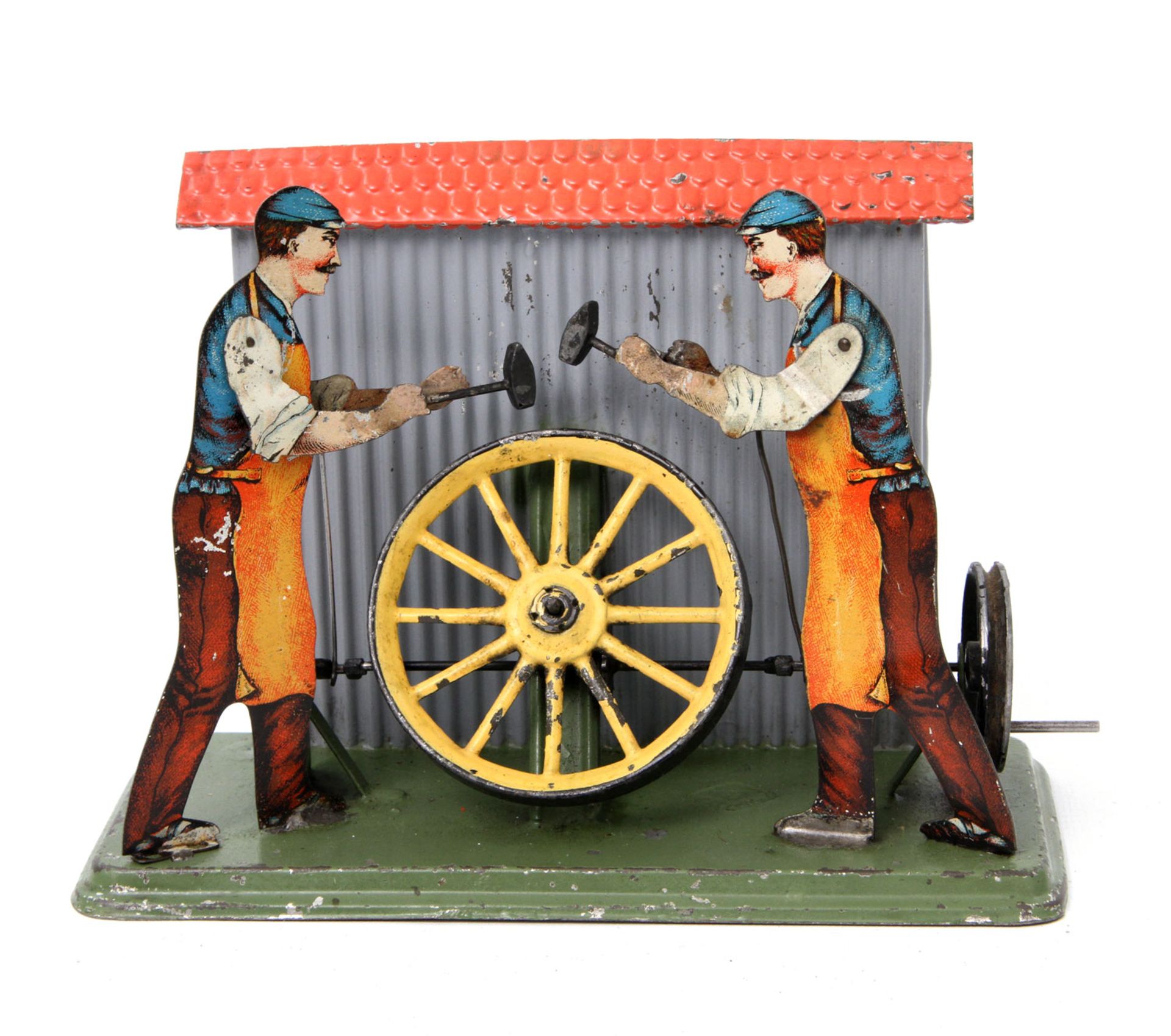 BING Antriebsmodell "2 Männer am Rad", gemarkt "GBN BAVARIA", Blech, besch., H. ca. 14 cm.