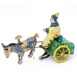 Zirkuswagen mit Clownfigur und geflecktem Pferd, Blech, polychrom lithografiert, Uhrwerkantrieb