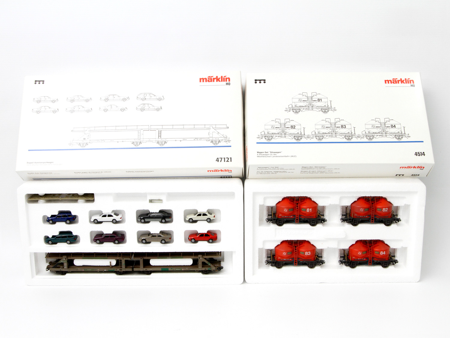 MÄRKLIN zwei Wagen-Sets 47121 und 4514, Spur H0, 4514: 4 rote Silowagen Uc der Westfälischen